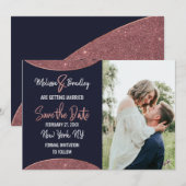 Roos Gold Glitter Navy Blue Circular Save the Date Kaart (Voorkant / Achterkant)