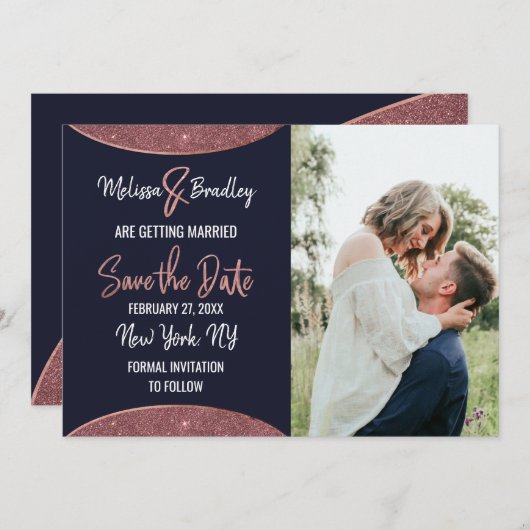 Roos Gold Glitter Navy Blue Circular Save the Date Kaart (Voorkant / Achterkant)