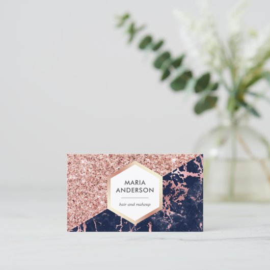 Roos Gold Glitter Navy Blue Marble Makeup Artist Visitekaartje (Staand voorkant)