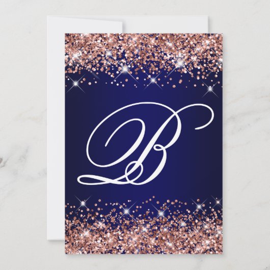 Roos Gold Glitter Navy Blue Ombre Fancy Monogram Kaart (Achterkant)