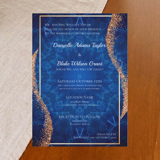 Roos Gold Glitter Navy Blue Pattern Weddenschap Kaart