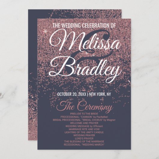 Roos Gold Glitter Navy Blue Wedding Programma's (Voorkant / Achterkant)