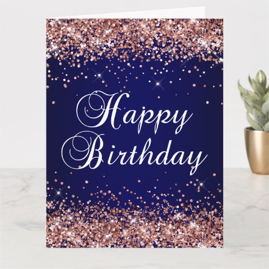 Roos Gold Glitter Navy Ombre Happy Birthday Big Kaart (Kleine Plant)