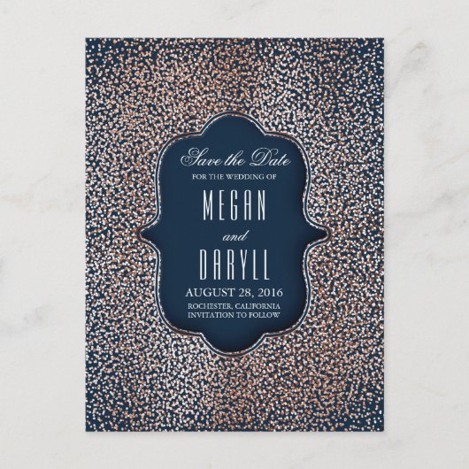 Roos Gold Glitter Navy  Save the Date Aankondigingskaart (Voorkant)