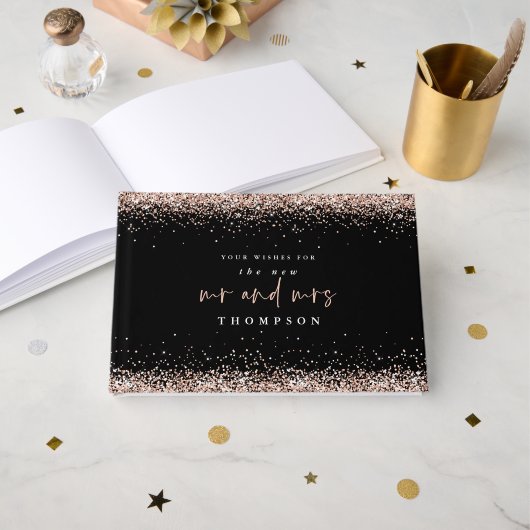 Roos Gold Glitter New Mrs Name Black Wedding Gastenboek (Voorkant open)