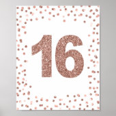 Roos Gold Glitter Number 16 Birthday Party Sign Poster (Voorkant)
