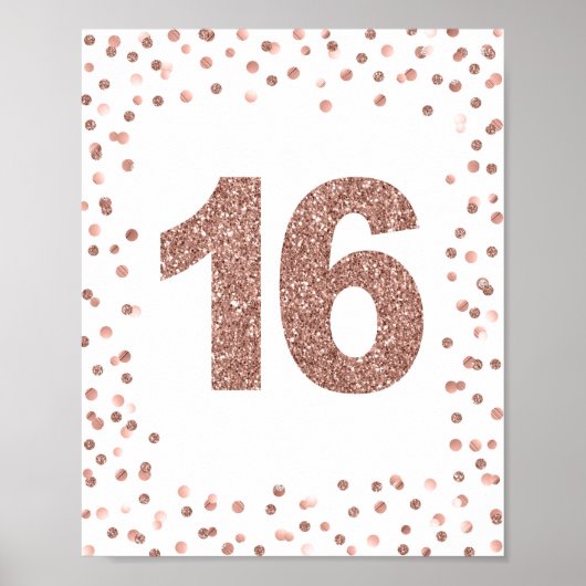 Roos Gold Glitter Number 16 Birthday Party Sign Poster (Voorkant)