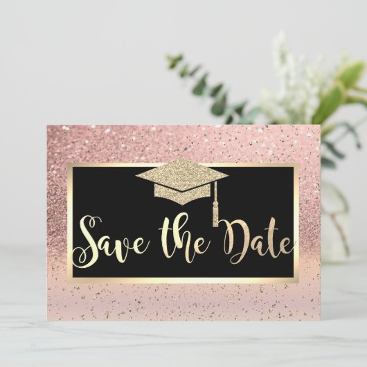 Roos Gold Glitter Ombre Afstuderen sparen de Datum Save The Date (Staand voorkant)