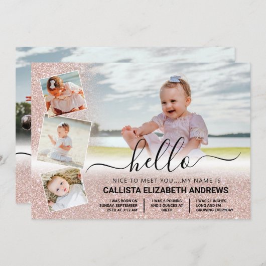 Roos Gold Glitter Ombre Birth Foto Collage Aankondiging (Voorkant / Achterkant)