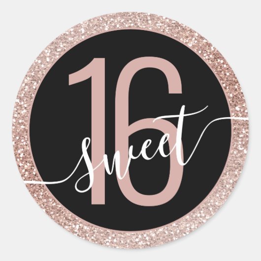 Roos Gold Glitter Ombre Black Birthday Sweet 16 Ronde Sticker (Voorkant)