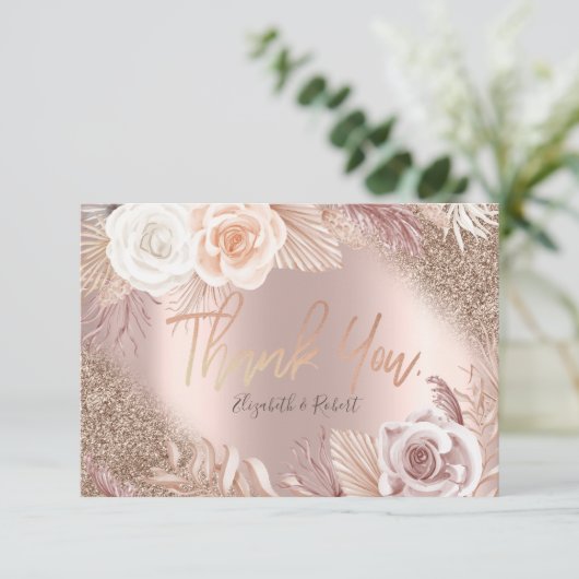 Roos Gold Glitter Ombre Boho Flowe Hartelijk dank Bedankkaart (Staand voorkant)