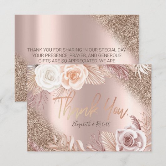 Roos Gold Glitter Ombre Boho Flowe Hartelijk dank Bedankkaart (Voorkant / Achterkant)