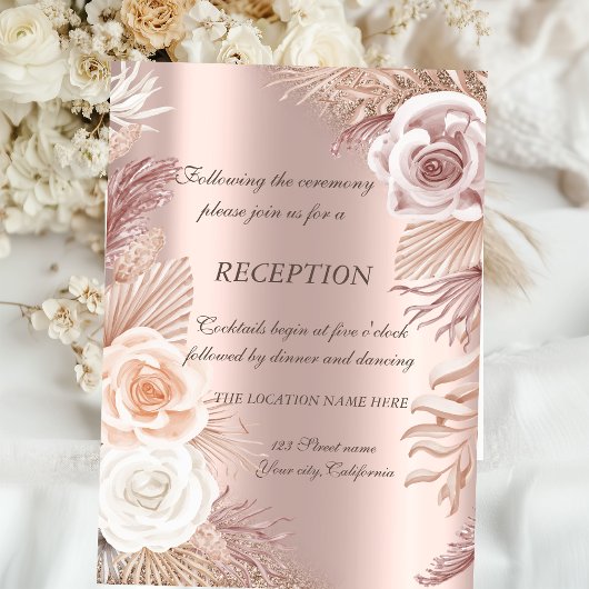 Roos Gold Glitter Ombre Boho Flowers Receptie Kaart