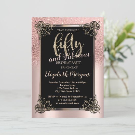 Roos Gold Glitter Ombre Border 50th Birthday Party Kaart (Staand voorkant)
