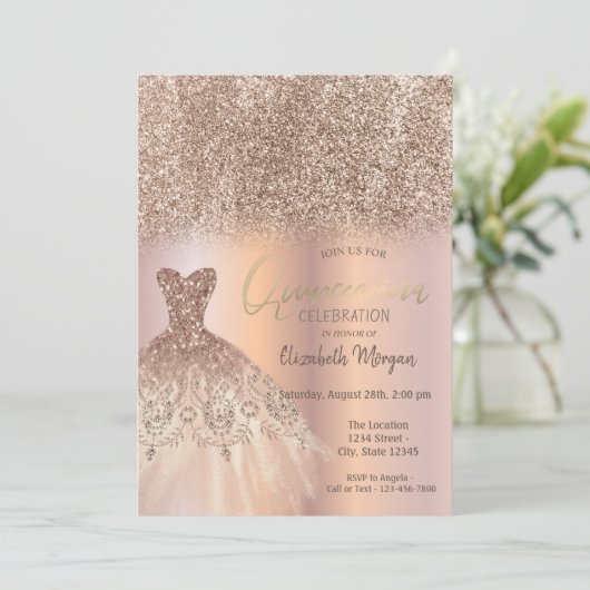 Roos Gold Glitter Ombre Chic Dress Quinceañera Kaart (Staand voorkant)