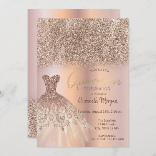 Roos Gold Glitter Ombre Chic Dress Quinceañera Kaart (Voorkant / Achterkant)