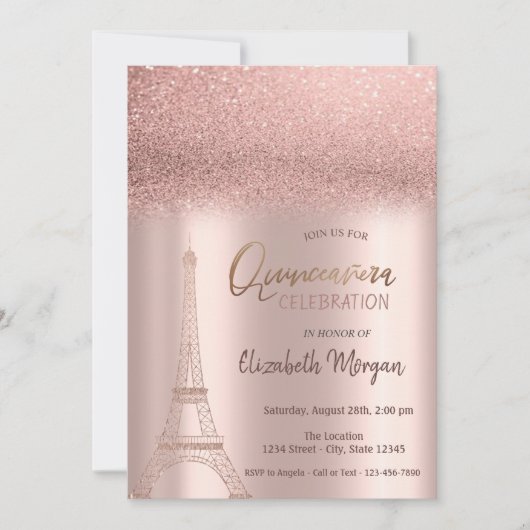 Roos Gold Glitter Ombre, Eiffel Tower Quinceanera Kaart (Voorkant)