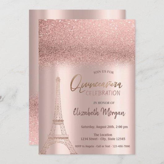 Roos Gold Glitter Ombre, Eiffel Tower Quinceanera Kaart (Voorkant / Achterkant)