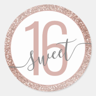 Roos Gold Glitter Ombre Gray Birthday Sweet 16 Ronde Sticker