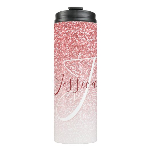 Roos Gold Glitter Ombre Modern Monogram Thermosbeker (Voorkant)