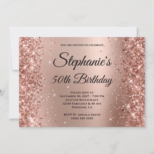 Roos Gold Glitter Ombre Monogrammed 50th Birthday Kaart (Voorkant)