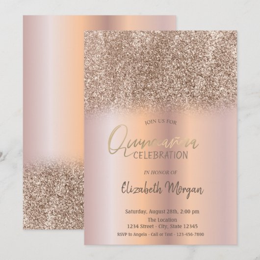 Roos Gold Glitter Ombre Quinceañera Kaart (Voorkant / Achterkant)