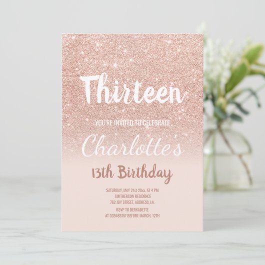 Roos gold glitter ombre script 13 Birthday Kaart (Staand voorkant)