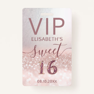 Roos gold glitter ombre script Sweet 16 VIP Badge