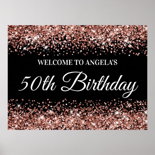 Roos Gold Glitter op Black 50th Birthday Welkom Poster (Voorkant)