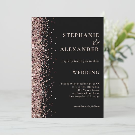 Roos Gold Glitter op Black Wedding Kaart (Staand voorkant)