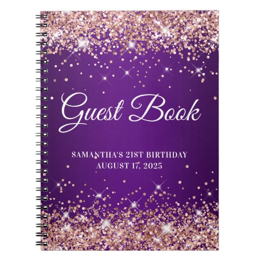 Roos Gold Glitter Paars 21st Birthday Guestbook Notitieboek (Voorkant)