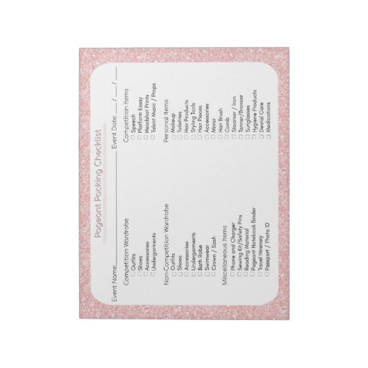 Roos Gold Glitter Pageant Packing Checklist Notitieblok (Linkerzijde)
