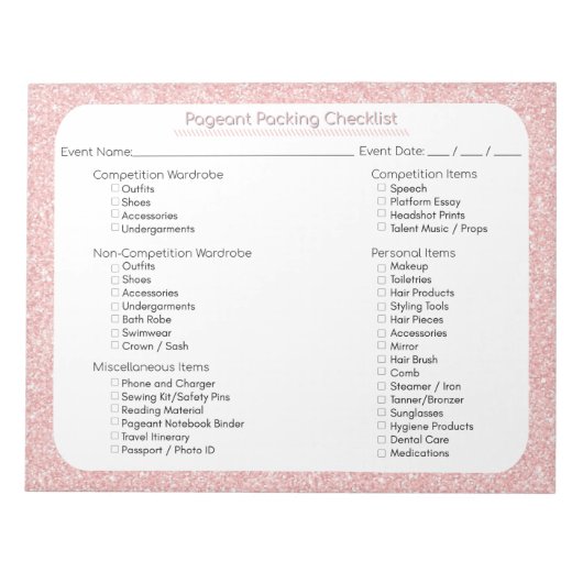Roos Gold Glitter Pageant Packing Checklist Notitieblok (Voorkant)