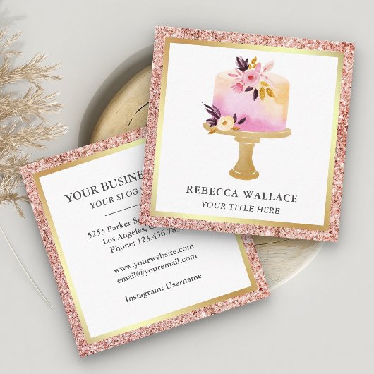 Roos Gold Glitter Pastel Floral Cake Bakery Vierkante Visitekaartje