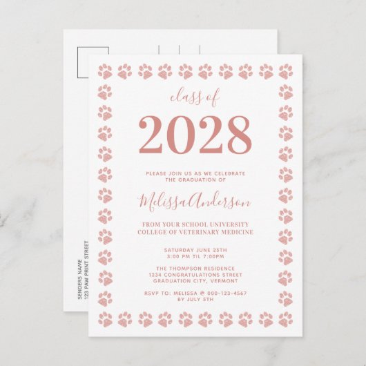 Roos Gold Glitter Paw Afstuderen Uitnodiging Briefkaart (Voorkant / Achterkant)