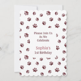 Roos Gold Glitter Paw Prints Pet Birthday Invite Kaart
