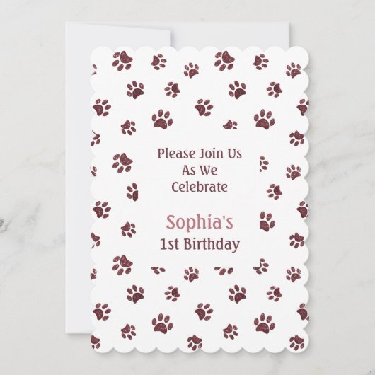 Roos Gold Glitter Paw Prints Pet Birthday Invite Kaart (Voorkant)