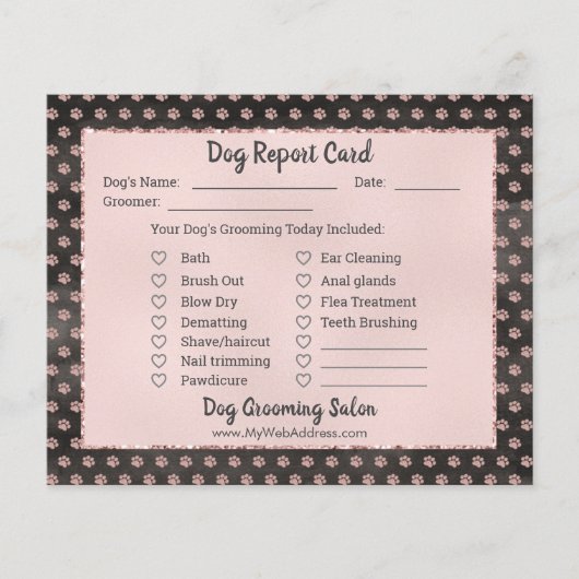 Roos Gold Glitter Paws Dog Grooming Report Kaart (Voorkant)