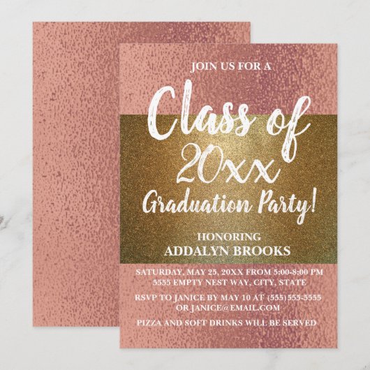Roos Gold Glitter Photo Afstudeerder Party Invitat Kaart (Voorkant / Achterkant)