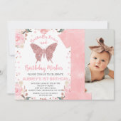 Roos Gold Glitter Photo Butterfly First Birthday Kaart (Voorkant)