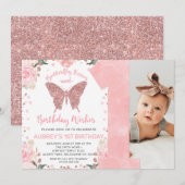 Roos Gold Glitter Photo Butterfly First Birthday Kaart (Voorkant / Achterkant)
