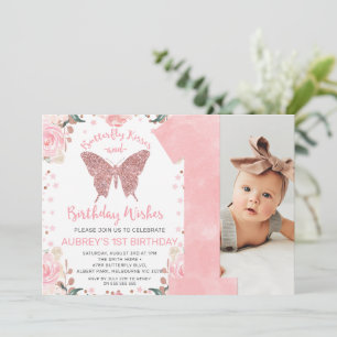 Roos Gold Glitter Photo Butterfly First Birthday Kaart