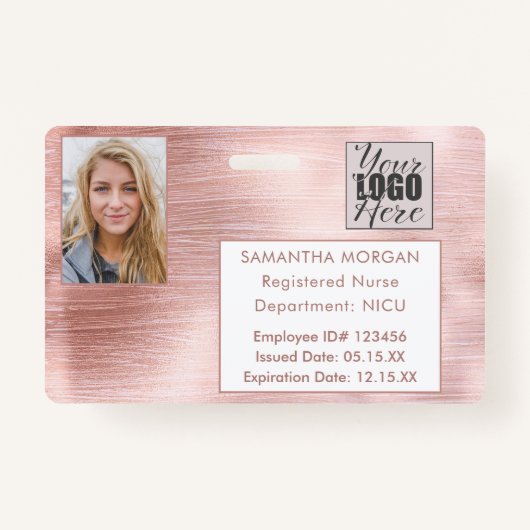 Roos Gold Glitter Photo Logo Employee ID Badge (Voorkant)