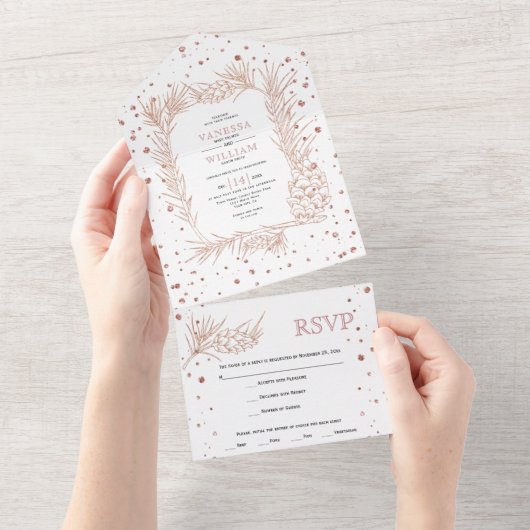 Roos gold glitter pine and confetti winter bruilof all in one uitnodiging (Afscheurbaar)