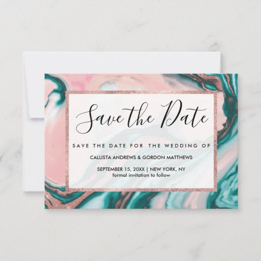 Roos Gold Glitter Pink Blauwgroen Zwemmetjes Save The Date (Voorkant)