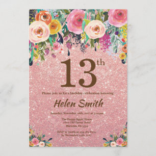 Roos Gold Glitter Pink Floral 13e verjaardag Kaart