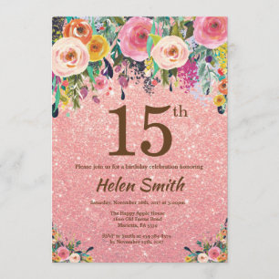 Roos Gold Glitter Pink Floral 15e verjaardag Kaart