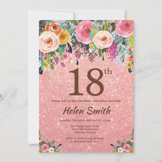 Roos Gold Glitter Pink Floral 18e verjaardag Kaart (Voorkant)