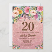 Roos Gold Glitter Pink Floral 20e verjaardag Kaart (Voorkant)
