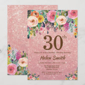 Roos Gold Glitter Pink Floral 30e verjaardag Kaart (Voorkant / Achterkant)